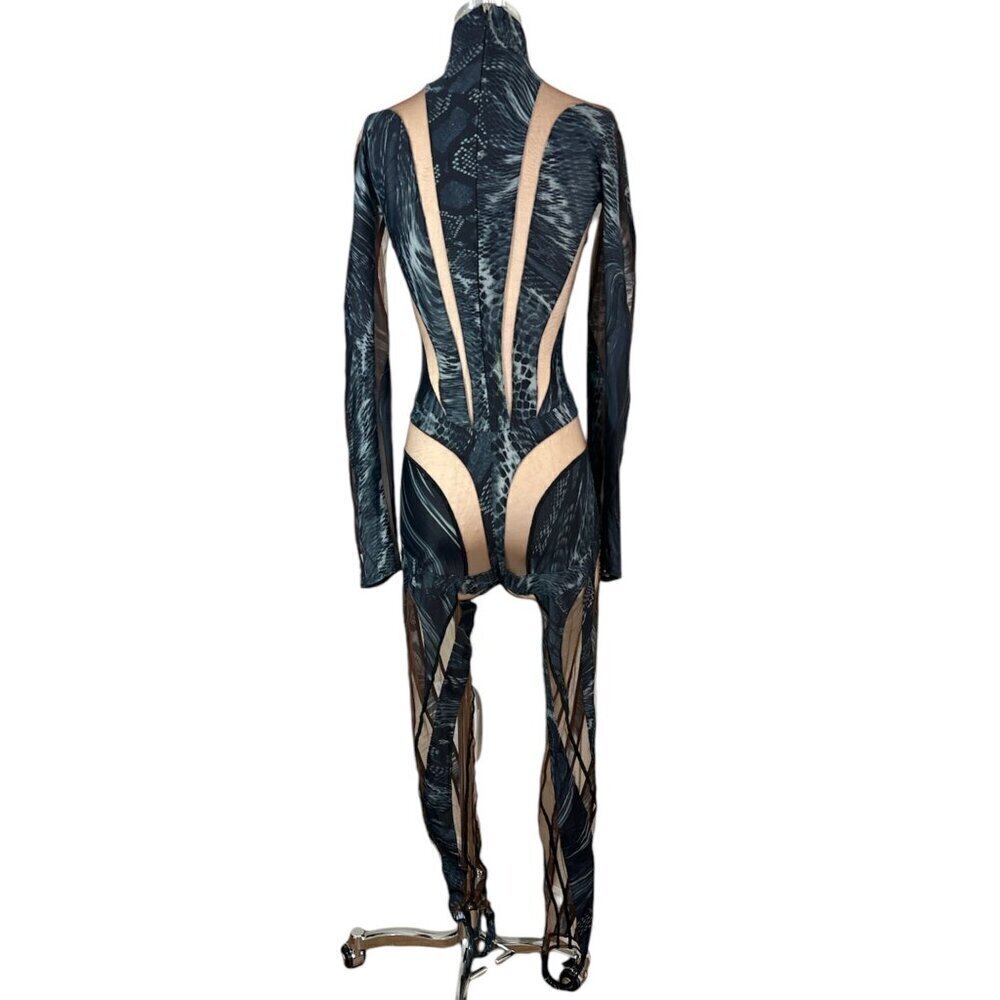 MUGLER Womens Long Sleeve Jumpsuit in Warped Snake Black Nude 34 New Catsuit - Picture 7 of 16